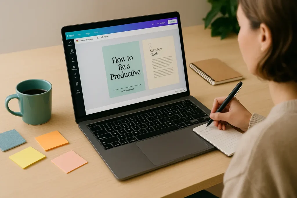 Pessoa analisando ideias e criando o tema do primeiro ebook no computador