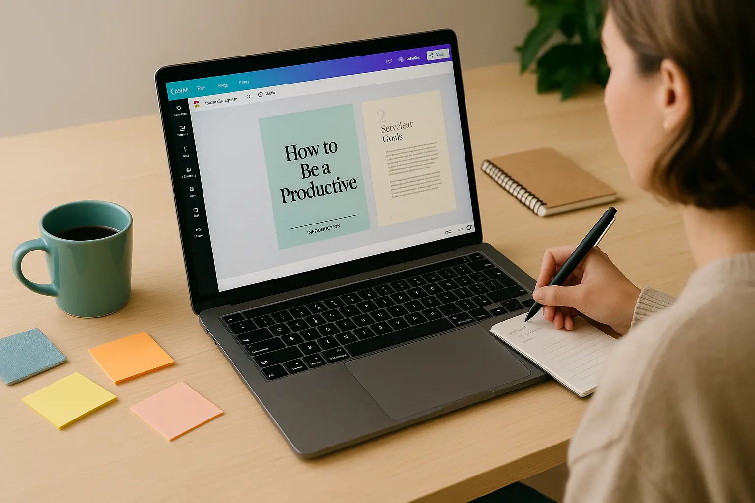 Pessoa analisando ideias e criando o tema do primeiro ebook no computador